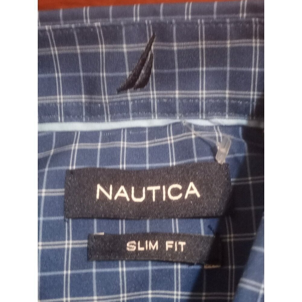 NWT Nautica Performance Super Shirt, Button Up, Slim Fit, Blue Check 15-15.5 (M) - Picture 9 of 14